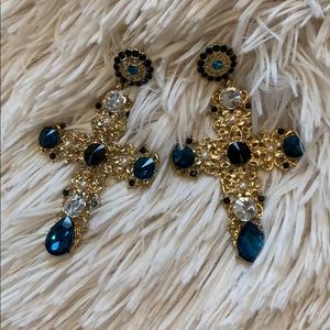 Blue and gold regal cross earrings